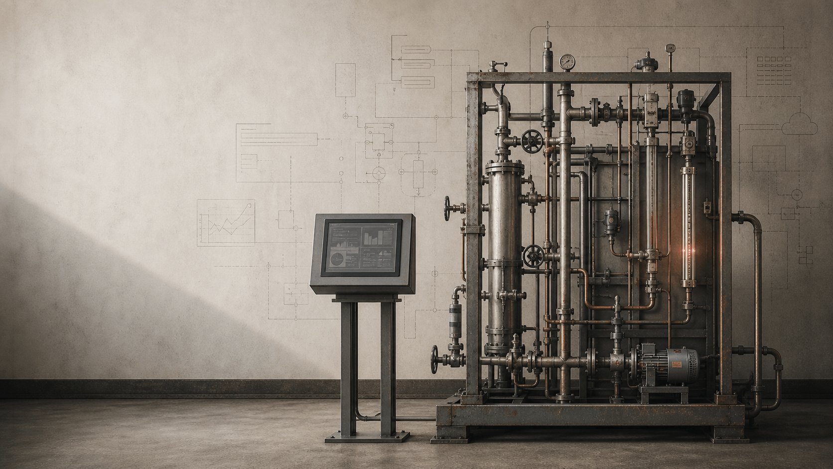 Conceptual illustration of a water-treatment HMI and SCADA implementation